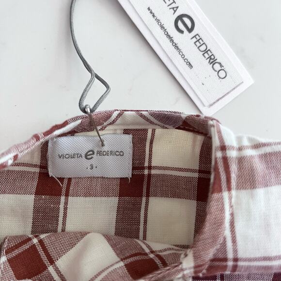 Violeta E Federico boys brown white plaid linen blend s/s shirt size 3 NWT - Picture 3 of 7